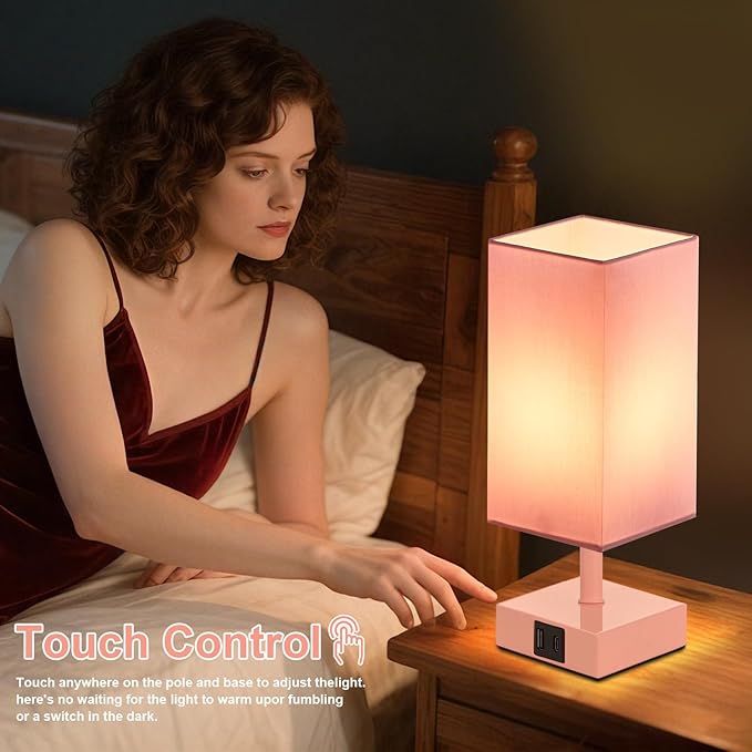 Ambimall Touch Control Table Lamp with USB A+C Charging Ports - 3 Way Touch Lamps Bedside, Nightstand Lamp for Bedrooms, LED Bulb Included(Pink Shade & Pink Base)