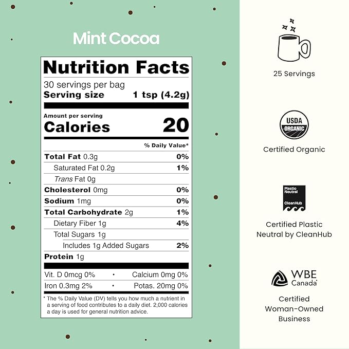 Blume Mint Cocoa Blend - Superfoods latte with Brain Boosting Adaptogen Organic Cacao - Keto Friendly & Vegan Hot Chocolate - 25 Servings