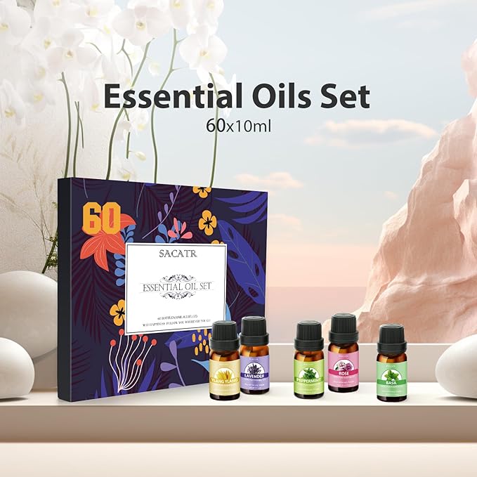 Essential Oil Set - Perfect for Diffuser, Massage, Soap, Candle, Bath Bombs Making, 60x10ml(0.33fl.oz)