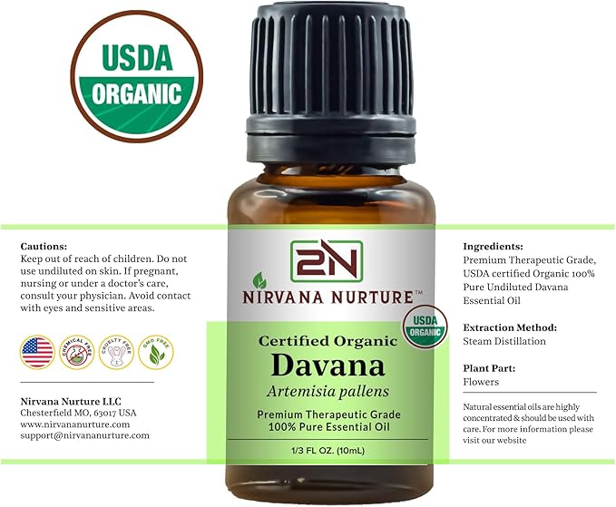 Davana Essential Oil USDA Certified Organic 100% Pure Premium Therapeutic Grade, Undiluted - Aromatherapy Diffuser for Calm and Relaxation, Skin Care, Hair Care