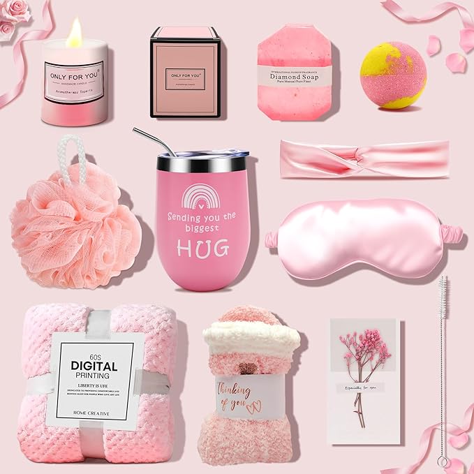 Birthday Gifts for Women - Self Care Gifts, Get Well Soon Gifts for Women, Unique Relaxing Spa Gifts Basket with Flannel Blanket, Tumbler, Socks, Soap & Candle, for Grandma Sister Mom, Wife, Her