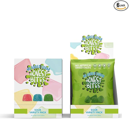 Honest Bites Sour Variety Gummy Candy - No Added Sugar, Gluten Free, Vegan, Dye Free, Healthy Snacks for Kids & Adults, Keto Snacks, Low Calorie, 6-Pack