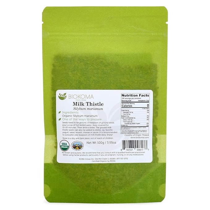 Biokoma Pure and Organic Milk Thistle Whole Seeds 100g (3.55oz) in Resealable Moisture Proof Pouch, USDA Certified Organic - Herbal Tea, No Additives, No Preservatives, No GMO, Kosher