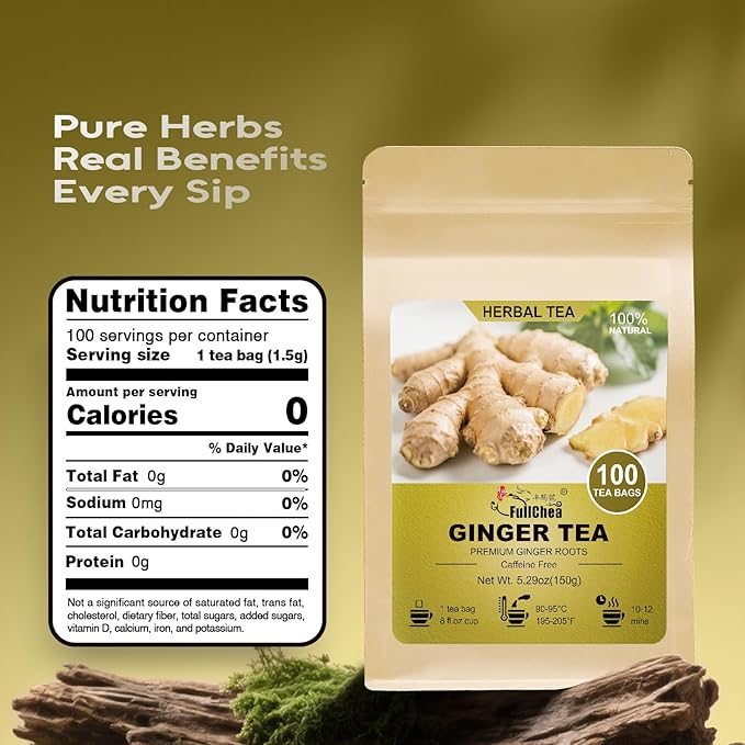 FullChea - Ginger Tea Bags, 1.5g*100 Counts - Pure Ginger Root Tea to Soothe & Invigorate - Non-GMO, Caffeine-Free, Support Digestion & Boost Immunity