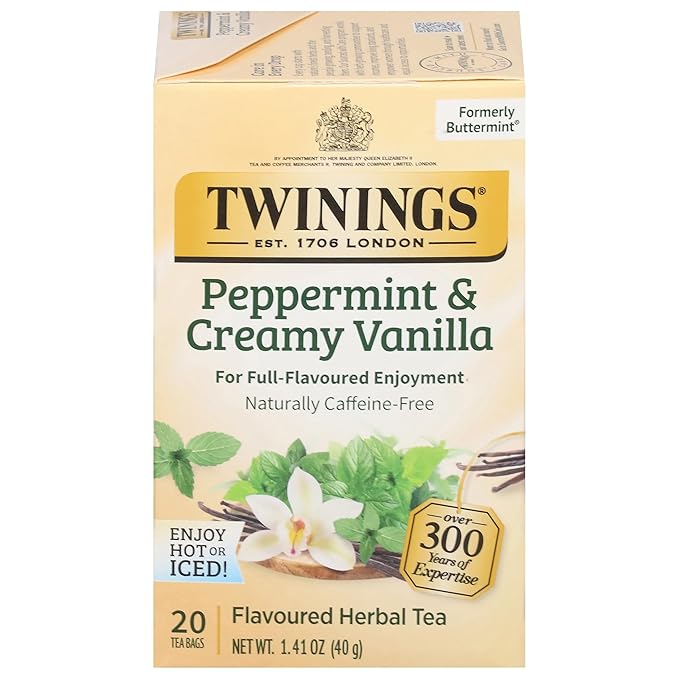 Twinings Peppermint & Creamy Vanilla Herbal Tea Individually Wrapped Bags, 20 Count (Pack of 1), Formerly Buttermint, Naturally Caffeine-Free, Enjoy Hot or Iced