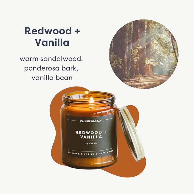 Calyan Wax Co. Soy Wax Candle, Redwood + Vanilla Scented Candle, 57 Hour Burn Time, Aromatherapy Soy Candles, Non Toxic & Vegan Soy Wax, Amber Glass Jar Scented Candles, 7.2oz