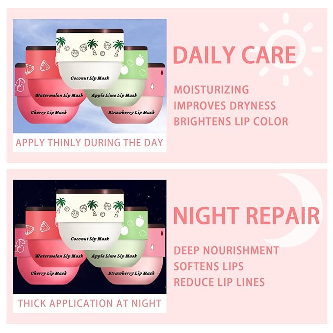 5 PCS Bee Lip Balm Honey Pot, Watermelon & Apple & Strawberry & Honey & Coconut Lip Mask Overnight Propolis Moisturizing Lip Balm Hydrating Prevention Dry and Crack (Set E)