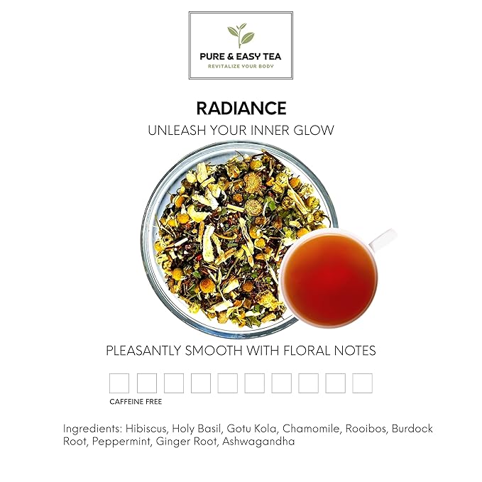 Pure And Easy Tea, Radiance, Herbal Tea for Healthy-Looking Skin and Natural Glow, 100% Caffeine-Free Botanical Blend, 30-Day Supply, 100g