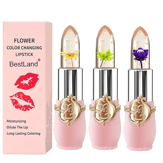 3 Pcs/Set Flower Jelly Lipstick Set Temperature Change Moisturizer Long Lasting Nutritious Balm Magic Color Change Lip Gloss (Flower Jelly Lipstick 040506)
