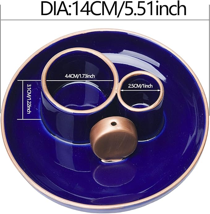 4 in 1 Incense Holder, Ceramic Incense Stick and Palo Santo Holder,Sage Holder for Burning- 5.5" Ceramic Ash Catcher Tray for Meditation and Yoga Room (Blue Golden)