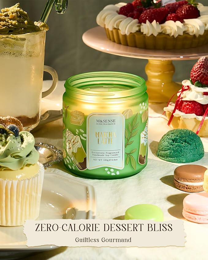 M&SENSE Matcha Latte Scented Candle, 11.6oz Natural Soy Wax, 70 Hours Long Lasting Clean Burn, Green Tea Creamy Aroma for Stress Relief, Non-Toxic Relaxing Aromatherapy Gifts for Women