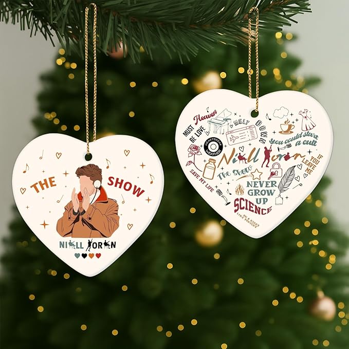 34HD Gifts for Christmas, Males Singer Ornament Heart-Shaped 2-Side Printed Ceramic, Music Gift for Lovers Men Women, Holiday Xmas Tree Hanging Decor