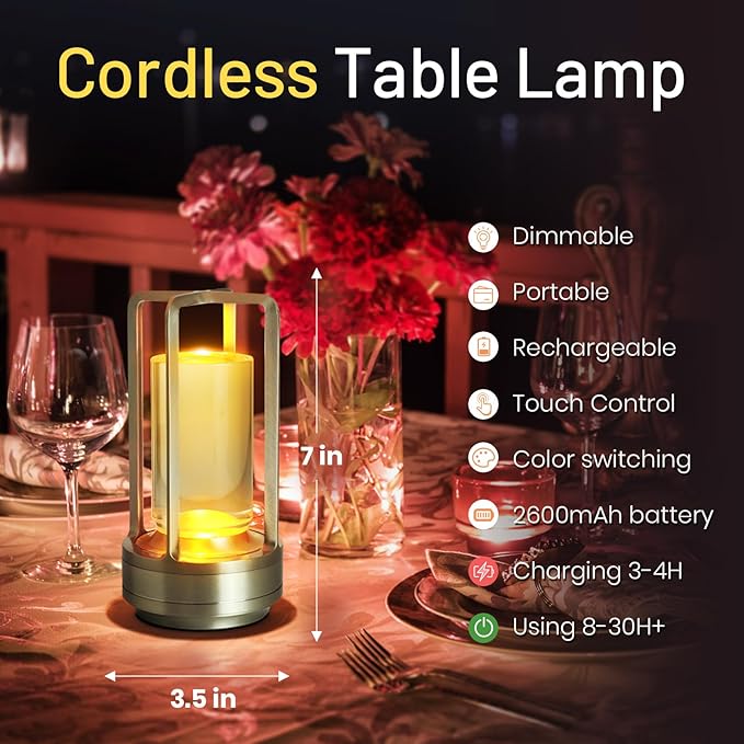 Crystal Lantern Lights Set of 2, Battery Operated Rechargeable Cordless Crystal Table Lantern Lamp with 3-Color, Small LED Desk Lamp for Indoor/Outdoor Patio Camping Bar Restaurant(Silver)