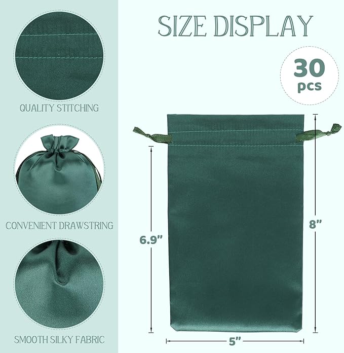 Green Satin Drawstring Bags, 30Pcs 5x8 Small Gift Bags, For Kids Classroom, Wedding, Birthday, Halloween Party, or Bachelor Party Favors, Shot Glasses, Alcohol Bottle, For Groomsman