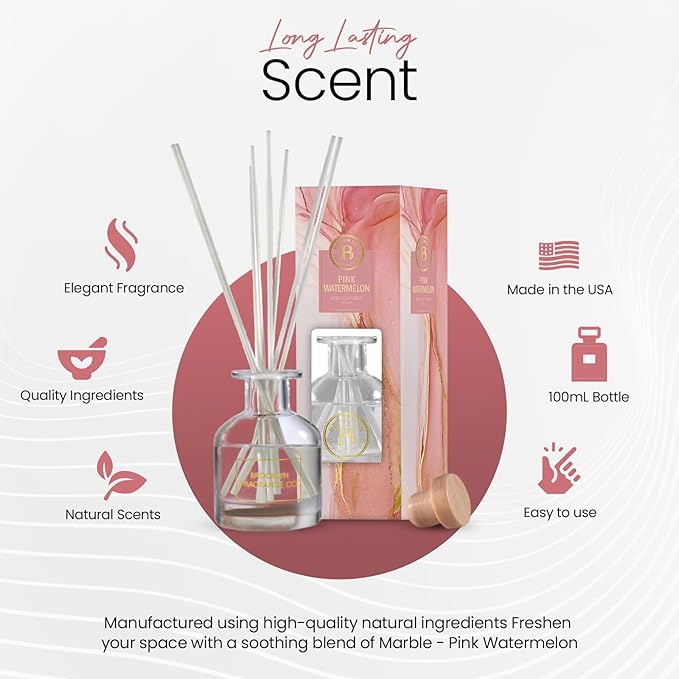 Brooklyn Fragrance Co. Marble - Long Lasting Scented Aroma Diffuser – Pink Watermelon Air Freshener for Home- Fragrance Diffuser for a Large Room - 100ML