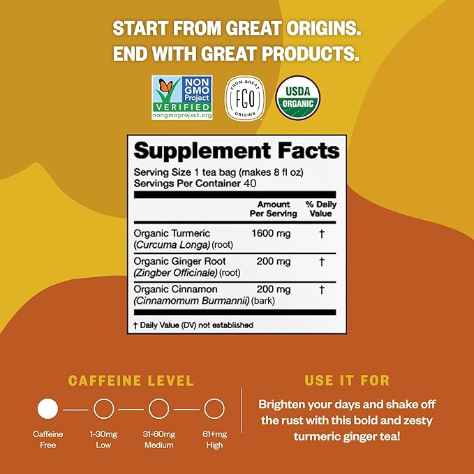 FGO Organic Turmeric Ginger Herbal Tea, 40 Count, Eco-Conscious Tea Bags, Caffeine Free (Pack of 1)