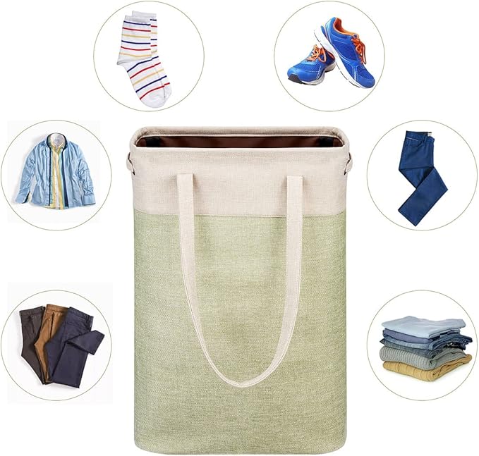 i BKGOO Laundry Basket with Handles Beige&Green Slim Laundry Bin Collapsible Dirty Clothes Basket Narrow Laundry Bag Foldable Dirty Hamper for Camping, Dorms, Apartments