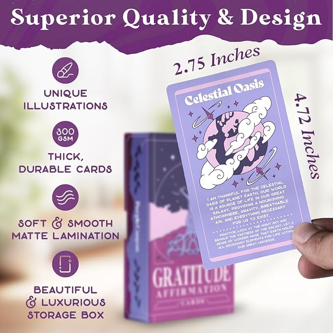 PURPLE CANYON Gratitude Cards | Positive Affirmations for Daily Reflection | Mindfulness Cards for Self Care | 52 Card Deck in Shades of Purple