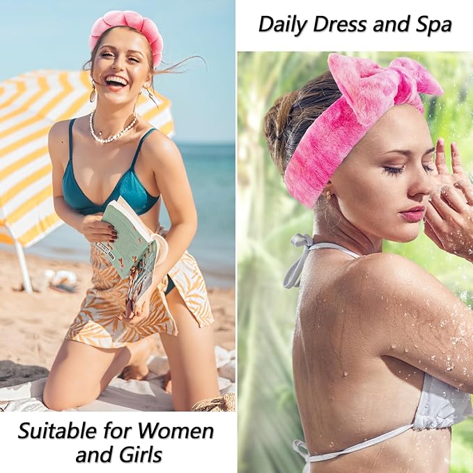 VELSCRUN Spa Headband, Makeup Face Wash Skincare Headbands, 6 Pcs Hot Pink Colorful Sponge Bow Tie Get Ready HairBand Facial Wristband Set, Stuff for Teen Girls Women Trendy Fashion Hair Accessories