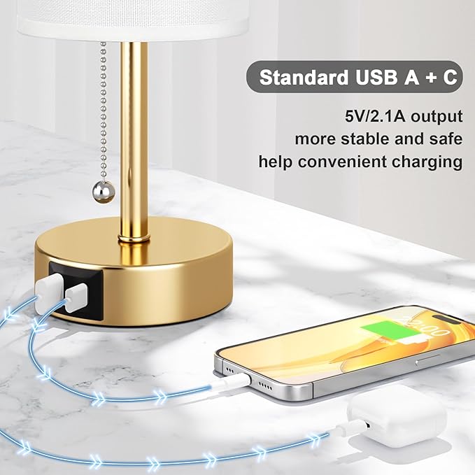 Gold Bedside Lamp for Bedroom Nightstand - Small Table Lamp with USB A + C Charging Port, 3 Color Temperatures Pull Chain Night Stand Light, Side Table Desk Reading Lamp for Living Room/Dorm Room