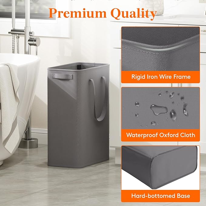 Lifewit 2 Pack Slim Laundry Hamper, Collapsible Narrow Laundry Basket, Small Tall Dirty Clothes Hampers with Handles for Bathroom Bedroom College Dorm, Grey, 50L