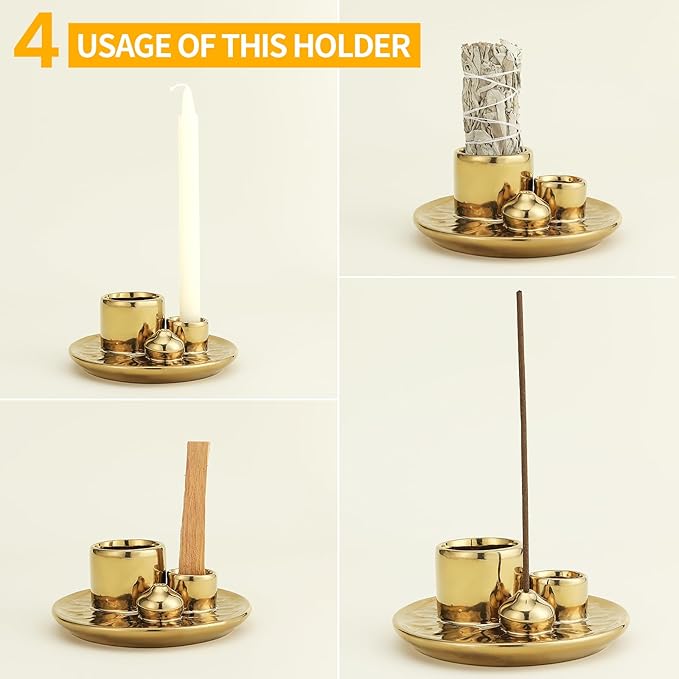 Handmade Ceramic Incense Burner for Palo Santo Incense Sticks, 4 in 1 Multi-Purpose Sage Holder for Burning, Ash Catcher Tray for Meditation Yoga Room (Golden)