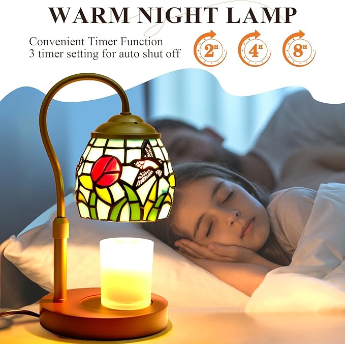 Candle Warmer Lamp - Hummingbird Candle Lamps Timer Dimmer, Tiffany Style Stained Glass Candle Warming Lamp Compatible with Small Jar Candles Gifts for Her, for Mom Wax Melt Warmer for Home Decor
