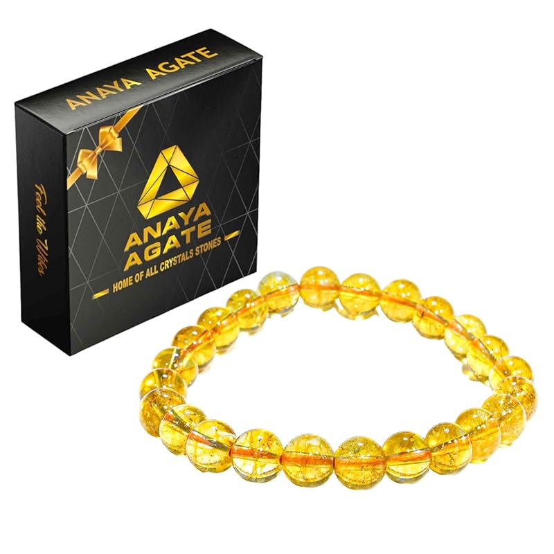 Citrine Bracelet, Natural Healing Crystal Bracelet for Women and Men, 8mm Round Beaded Bracelet for Spiritual, Protection, Positive Energy, Elastic Adjustable Size Gemstone Bead Bracelet