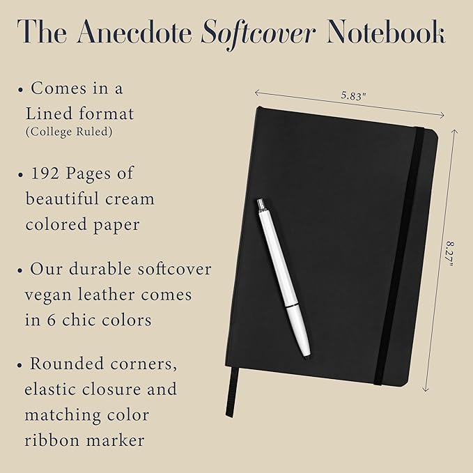 ANECDOTE. Softcover Ruled Journal with Thick 80 gsm Lined Cream Paper A5 size (8.3 inches x 5.4 inches) - Daily Writing Notebook for Travel, School and Office Use - Diary for Women and Men - Black