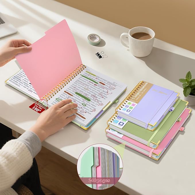 Hardcover Spiral Notebooks for Work, 5 Subject Notebook College Ruled with Dividers Tabs, Lined Organizer Notebook Journal for Women, 240 Pages Small A5 Notebooks for School Note Taking, 5x7 Pink