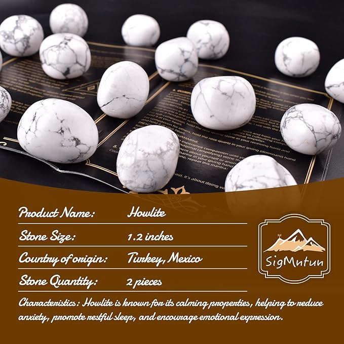 Polished Howlite Crystal Stones - 2 Pcs of 1.2" Worry Stone for Anxiety, Pocket Palm Stone Super Large Handpicked Natural Tumbled Gemstones for Meditation, Reiki, Chakra Healing, Home Decor