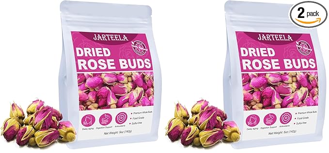 Jarteela - Premium Dried Rose Buds - 5oz/142g - Natural Food-grade Red Rosebud Flowers Bulk - Non-GMO - Caffeine-free - Perfect For Tea, Baking, DIY Candle/Soap (Pack of 2)