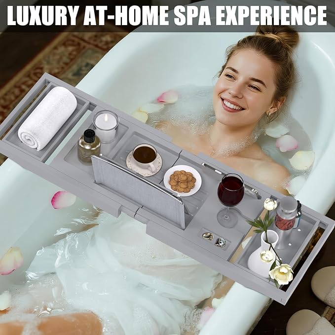 Bathtub Tray Caddy, Expandable Bath Trays for Tub, Bamboo Shelf & Table with Wine Glass Holder,Bathroom Accessories for New Home & Mothers Day & Birthday Gifts for Mom,Gray