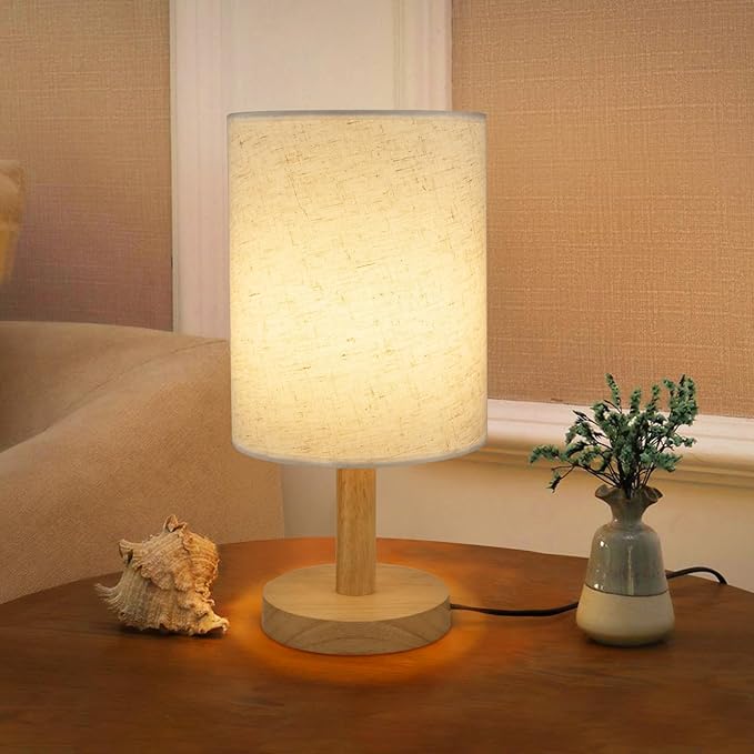 6.3in Bedside Table Lamp for Bedroom, Minimalist Nightstand Lamp with Round Fabric Linen Shade,Study Reading Desk Lamp for Kids Room, Night Table Lamp for Living Room, College Dorm, Home, Office