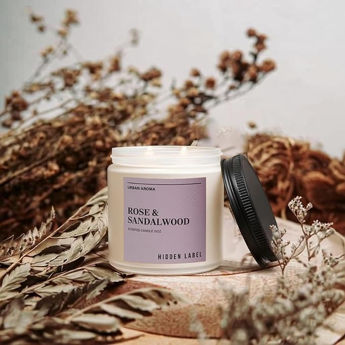Hidden Label Rose & Sandalwood Scented Candle, 12oz 2 Wick Natural Soy Non Toxic Candles, Clean Burning Long Lasting Aromatherapy for Home | Gifts | Décor,Premium Scents for Relaxation & Stress Relief