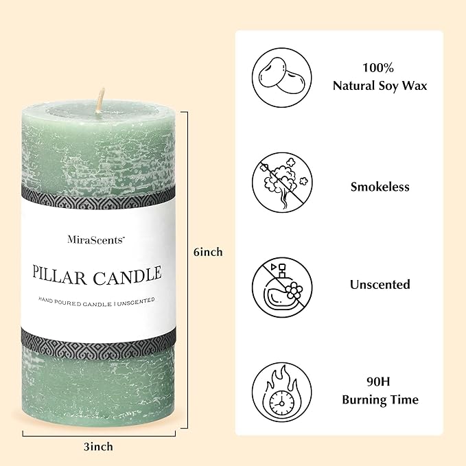 3x6 Inch Sage Green Pillar Candles Set of 3 - Unscented Spring, Long Clean Burning, Large Smokeless Dripless for Home Decor, Dinner Table, Bathroom, Rustic Decor