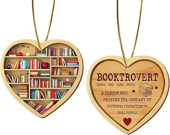 Book Ornament for Christmas Tree, 2 Sides Print Ornament, Bookshelf Wooden Ornament, Book Themed Decor, Book Lover Gifts for Christmas, Booktrovert