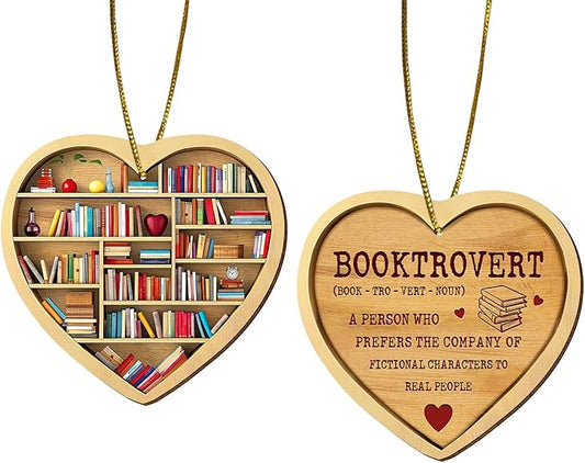 Book Ornament for Christmas Tree, 2 Sides Print Ornament, Bookshelf Wooden Ornament, Book Themed Decor, Book Lover Gifts for Christmas, Booktrovert