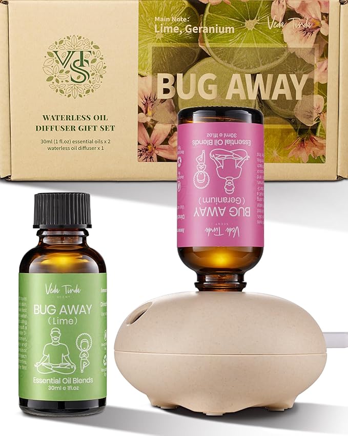 VTS Pure Natural Essential Oils Set with Waterless Diffuser, Aromatherapy Oils Blends for Home, Office, Bedroom, Bathroom (1 fl.oz Geranium Scent Oil & 1 fl.oz Lime Scent Oil & Portable Diffuser)