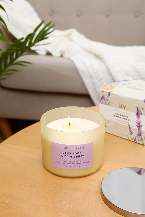 Lavender Lemon Berry Scented Candle | Large Aromatherapy Stress Relief 3 Wick Candles | Highly Scented Soy Candle for Home 15.8 oz | Soothing & Long Lasting Calming Lavender Candles for Women & Men