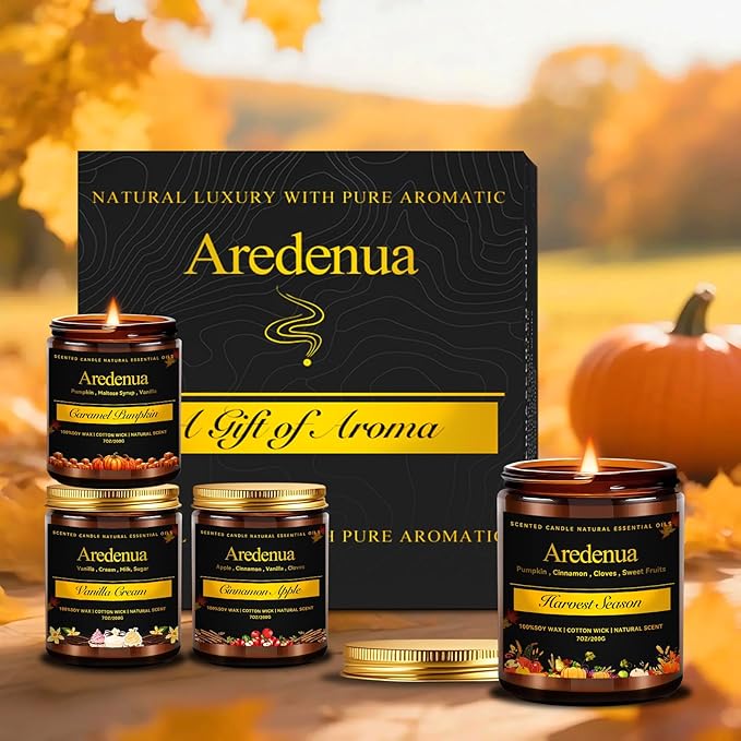 Fall Candles Set | 4 Pack Autumn Scented Candles - Fall Candle Gifts for Women Men, Soy Candles for Home Scented - Autumn Scent of - Pumpkin/Cinnamon Apple/Harvest/Vanilla Cream