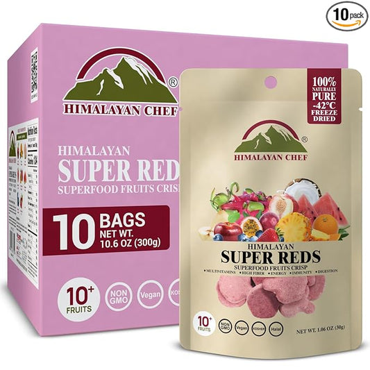 Himalayan Chef Super Reds Freeze-Dried Fruit Crisps, 30g/each 10 Pack | 10+ Superfood Fruits | Healthy Snacks Packed with Multivitamins, High Fiber & Antioxidants for Energy Boost