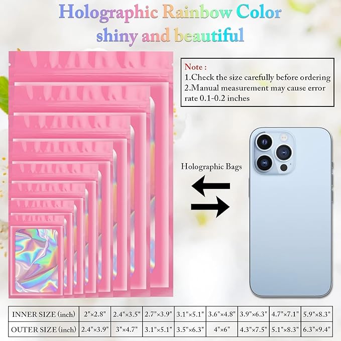 100 Pieces Smell Proof Mylar Resealable Bags, Holographic Packaging Bags, Resealable Odor Foil Pouch Zip Bag with Clear Window for Food Storage and Lipgloss, Jewelry Lash(Pink, 3.5 x 6.3 Inch)