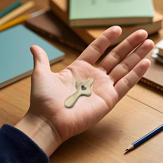 Atlodas Cross My Heart, Encouragement Gift, Relieve Anxiety Comfort for Clutching, Clinging and Praying, Pocket Olive Wood Cross Religious Gift for Children and Adults (B, 3Pcs)