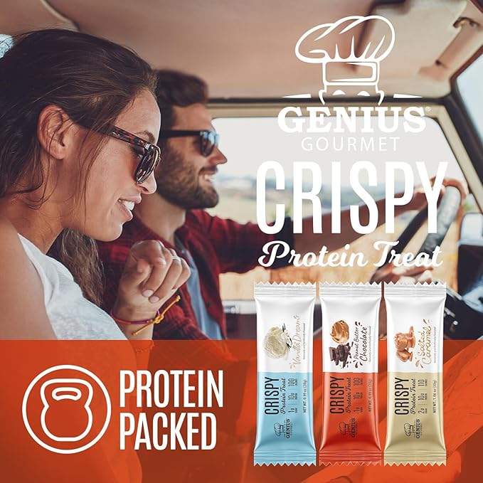 Genius Gourmet Crispy Protein Treat, Chocolate Peanut Butter, Keto Snack, Low Carb, Low Sugar & Gluten Free, Protein Snacks for Adults, 10G of Whey Protein per Protein Bar, 5 Net Carbs, 10 CT