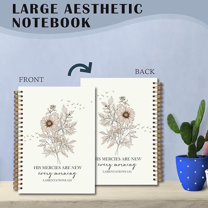 Christian Floral Spiral Notebooks, His Mercies Are New Every Morning Bible Verse Journal, Scripture Journals for Writing, Religious Bible Notebook for Note Taking, 5.5x8.3 Inch