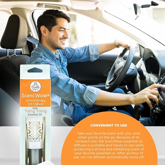 Belle Aroma ScentWow Aromatherapy - Ylang Ylang Car Diffuser for Essential Oils – Portable 12V Plug-In Mini Diffuser – Compact Travel Humidifier for Car, Truck & Small Spaces – White & Gray