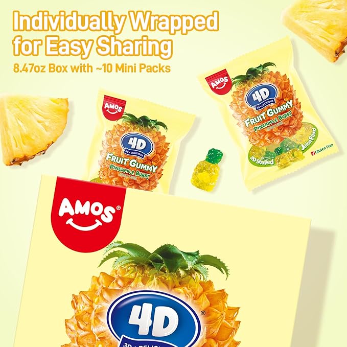 AMOS 4D Gummy Pineapple Burst Candy,Fruit-Shaped Gummies, Natural Flavor, 240g Individual Sharing Pack