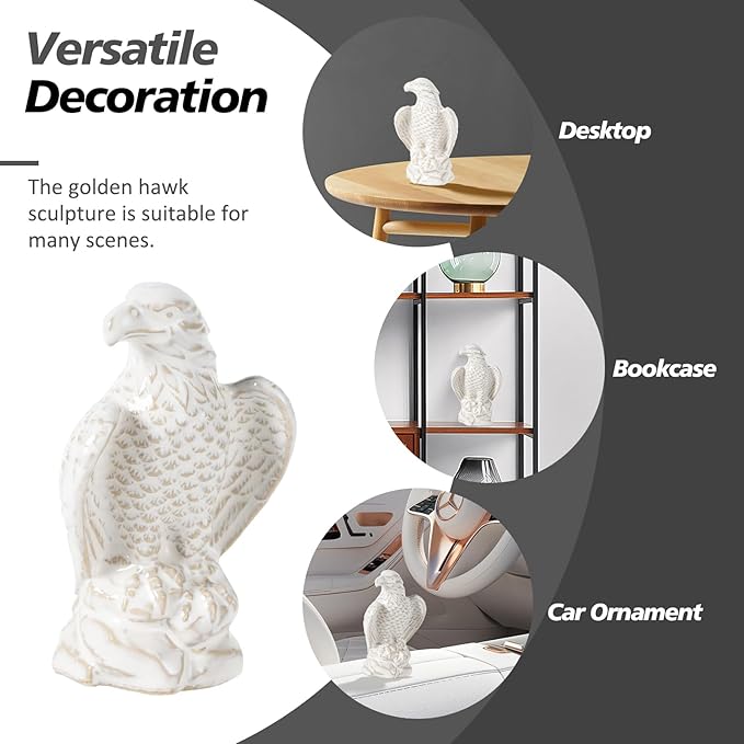 Ceramic Eagle Statue - Modern Hawk Sculpture for Home, Mini Eagle Decor, Figurine Hawk Trophy for Living Room, Bathroom, Bookshelf, Desktop, Car (White)