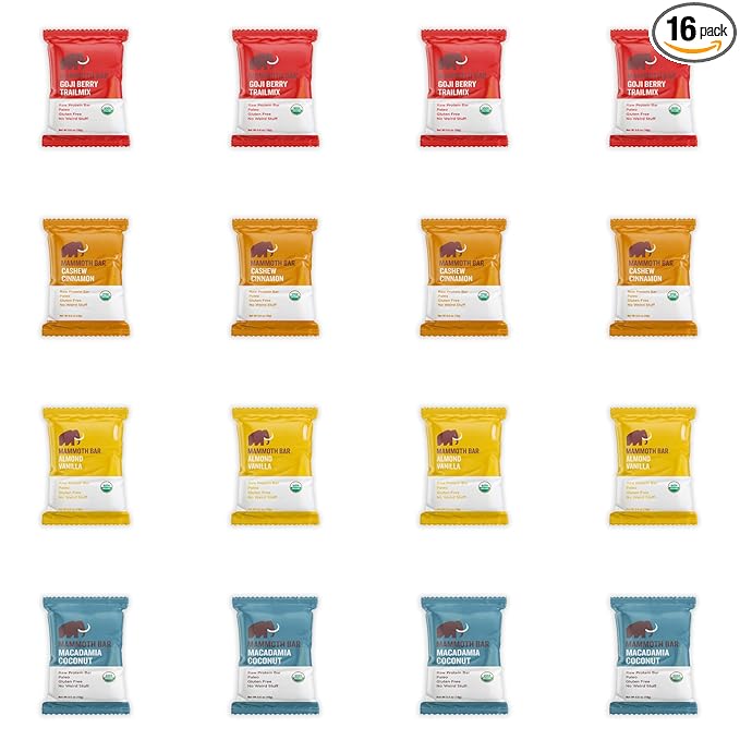 Mammoth Bar Mini - Variety Pack of our Mini Organic Protein Bars – Made with Premium Nuts & Egg White Protein • Organic • Paleo • Gluten Free • GMO Free • Raw - 16 Mini Bars